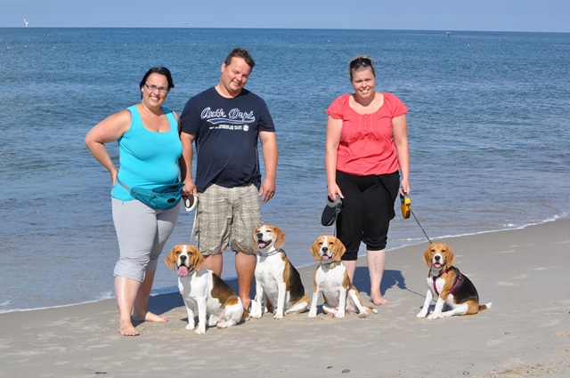 Steffi, Helmut und Micha am Strand mit den Beagles